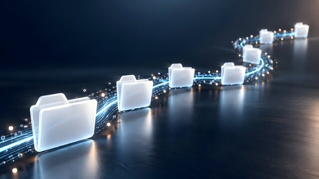 Luminous Digital Folders Moving Along Fiber Optic Trail For Data Migration Concept