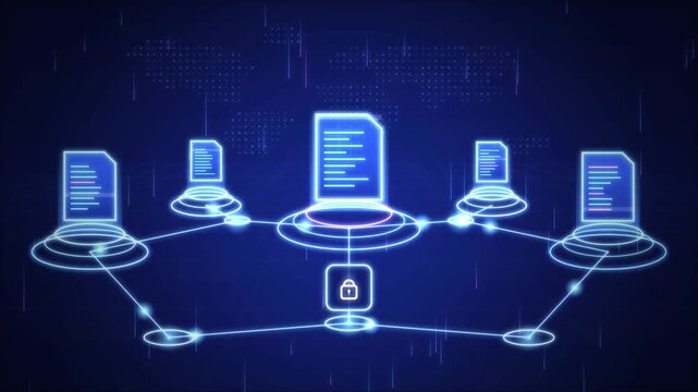Secure file sharing network with glowing links animation on dark background for cloud document protection and encrypted data transfer