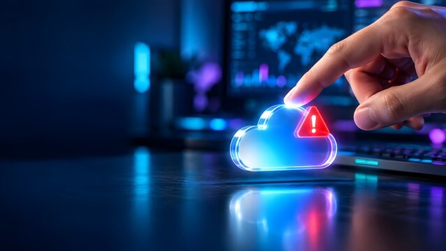 Hand Touching Glowing Cloud Hologram With Red Warning Alert For Cybersecurity Concept