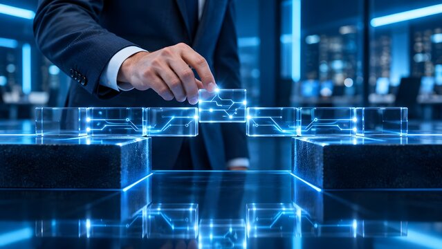 Businessman Bridging Gap With Glowing Digital Circuit Block For System Integration