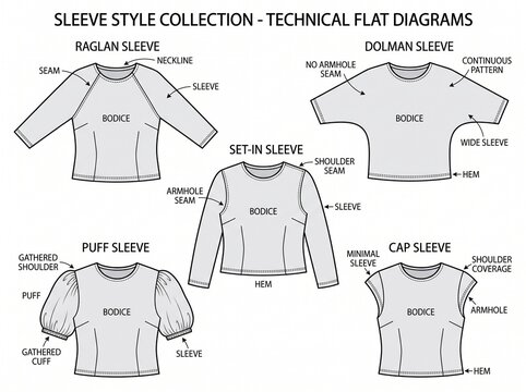 Technical fashion flat diagrams showing various sleeve styles for