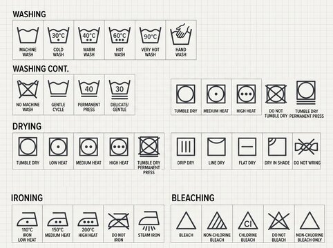 Set of laundry care instruction symbols for clothing labels