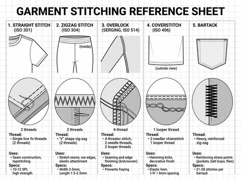 Garment stitching reference sheet showing industrial sewing techniques