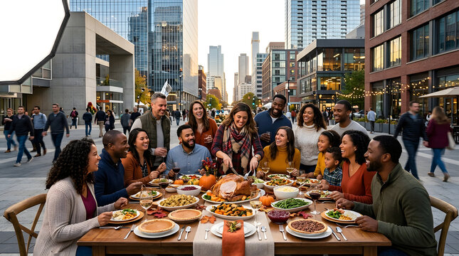 Large community Thanksgiving dinner outdoors in modern urban setting.