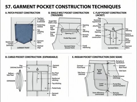 Garment pocket construction technical diagram for fashion design