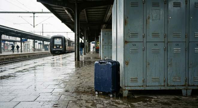 Suitcase at a Rainy Train Station Platform with Commuter Train in the Background
