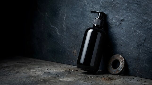 Minimalist black cosmetic pump bottle on dark slate surface