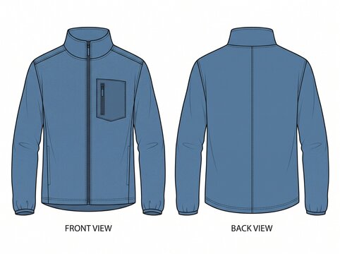 Blue fleece outdoor jacket technical flat sketch front and back view
