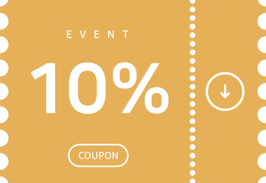 10% off event coupon ticket in mustard yellow with perforated line and download button, discount voucher design