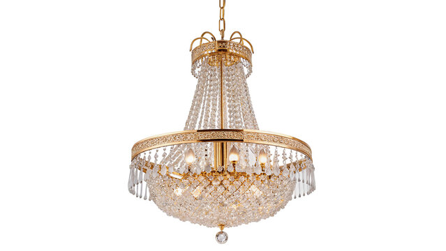 Elegant luxury vintage golden crystal glass chandelier lighting isolated on transparent background