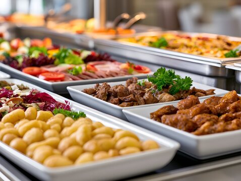 Fresh food buffet selection with various hot and cold dishes displayed on a catering table in a restaurant
