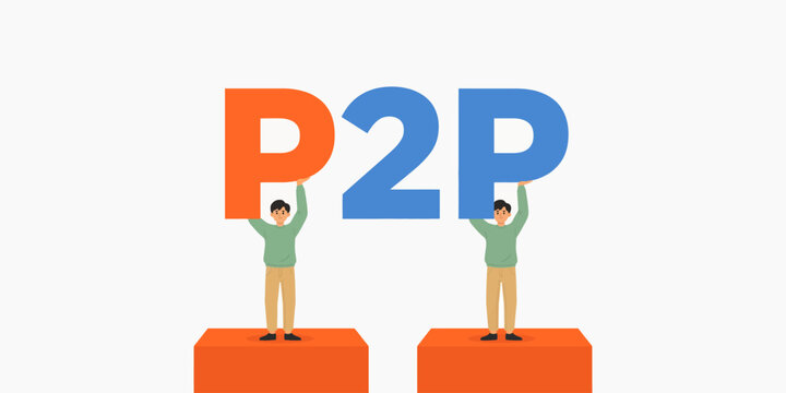 Two cartoon men standing on orange blocks holding large p2 p letters in orange and blue colors