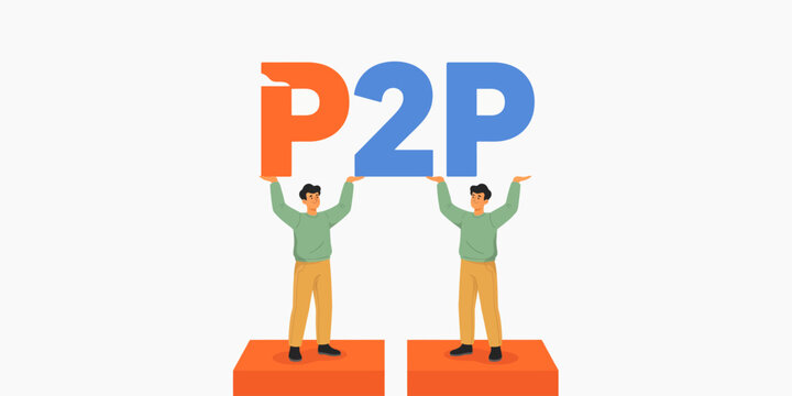Two men standing on orange blocks holding the letters p2 p in orange and blue colors