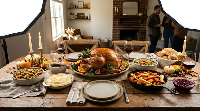 Large Thanksgiving feast spread on a rustic wooden dining table.