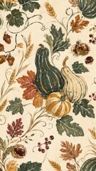 Fototapeta premium Vintage autumn harvest wallpaper with pumpkins, leaves, wheat, acorns