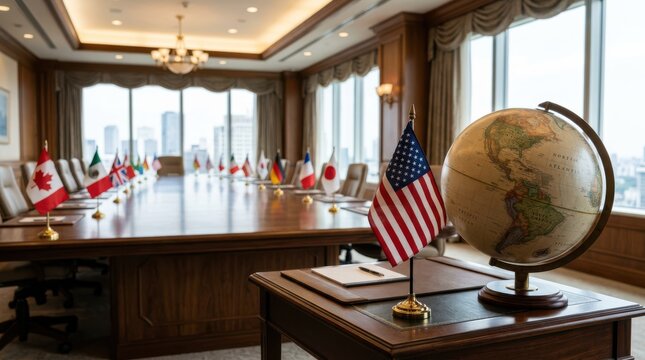 A formal conference room with international flags on a long wooden table and a globe, symbolizing global diplomacy and international meetings.