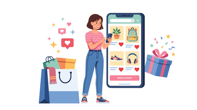 Woman enjoying online shopping with mobile app.
