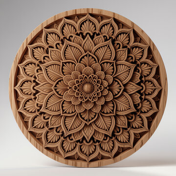 Circular wooden mandala carving with intricate floral pattern