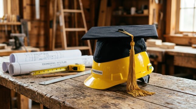 A yellow construction helmet with a graduation cap and tassel sits on a wooden table next to blueprints and a tape measure in a workshop.