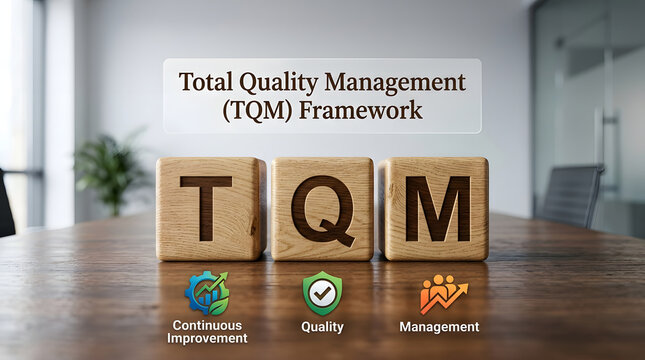 Total quality management framework displayed with wooden blocks