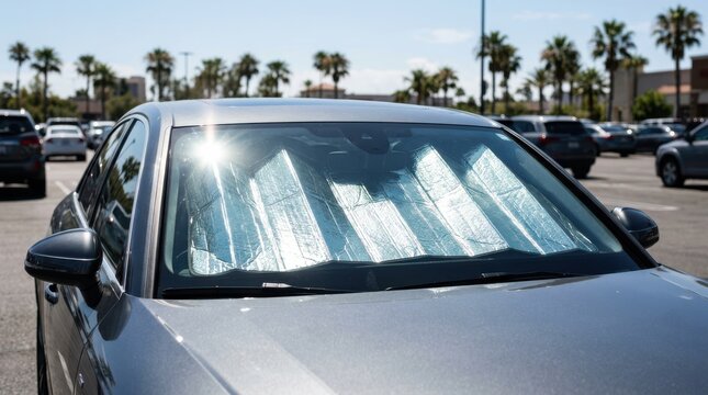 A silver car parked outdoors with a reflective sunshade covering the front windshield on a sunny day.