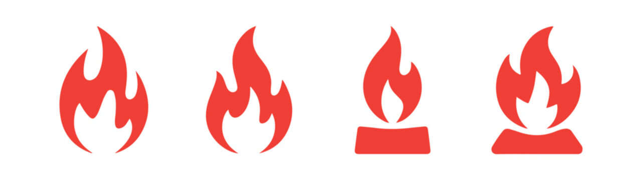 Set of red fire flames silhouettes in various shapes with small shadows for danger warnings.