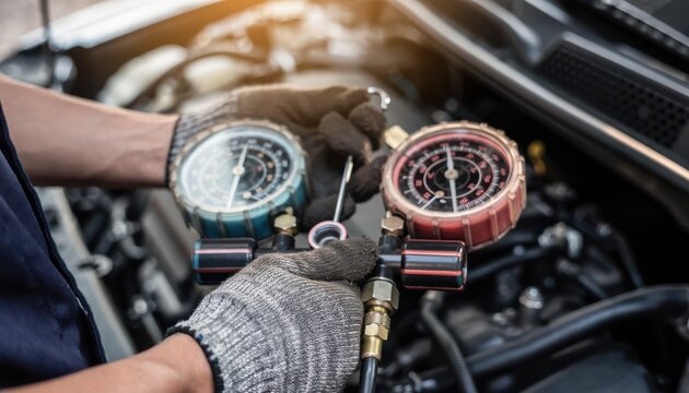 A mechanic wearing gloves checks automotive air conditioning pressure gauges under a car hood during vehicle maintenance.