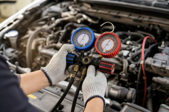 A mechanic wearing gloves holds pressure gauges to check or recharge a car's air conditioning system under the hood.