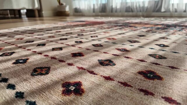 Sunlight patterns move across textured ethnic rug in natural light footage.