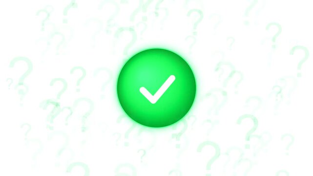 Green checkmark circle icon animation with question marks on white