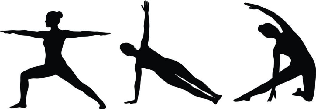 Yoga and Pilates Silhouette Collection Featuring Women Practicing Warrior Pose, Side Plank, and Stretching Exercises