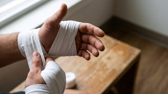 Boxer wrapping hands with white tape for training, focused on preparation and protection, closeup detail on fingers and wrist with soft natural light