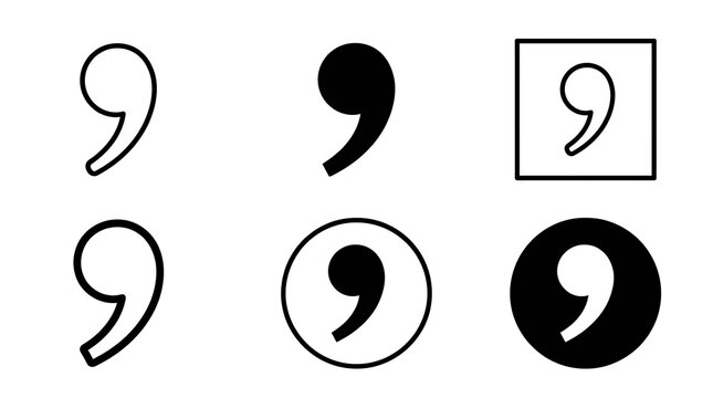 Set of six black comma punctuation icons in different styles isolated on white background
