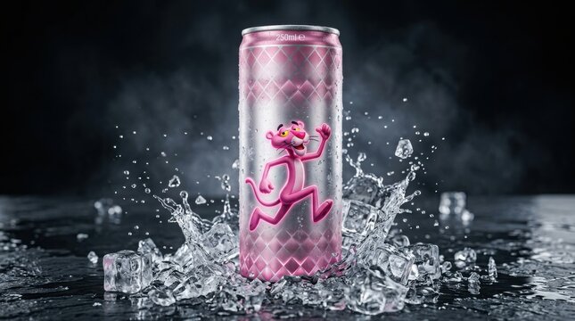 Pink energy drink can with cartoon character splashing in cold water and ice cubes on black