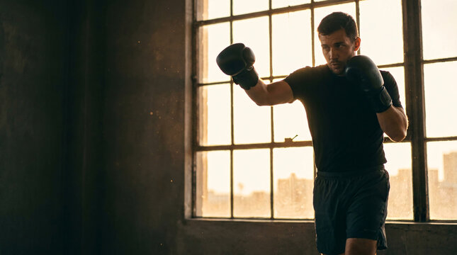 Focused male boxer shadow boxing in a gritty urban gym near a large window with soft, warm sunset light, conveying determination and fitness