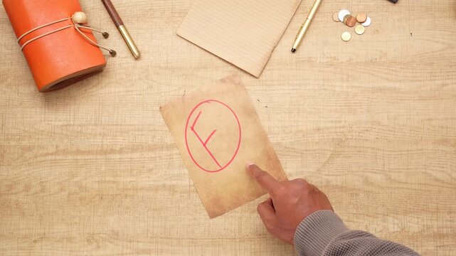 wooden desk with a brown paper document marked with a red circled failing grade