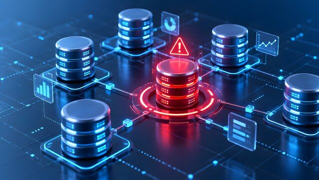Glowing Red Database Server With Warning Alert Symbol In Digital Network Grid