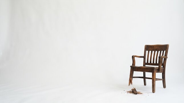 Broken Vintage Wooden Chair With Broken Leg On White Background With Copy Space