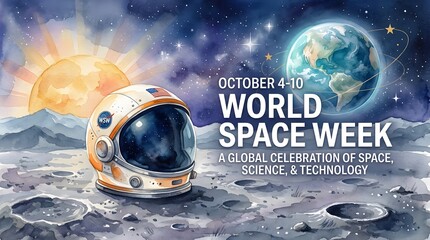 Fototapeta premium World Space Week banner with astronaut helmet on lunar surface and
