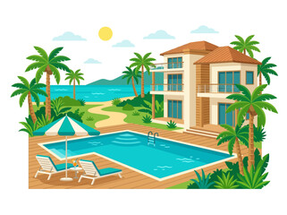Fototapeta premium Beachfront villa with swimming pool and palm trees by the sea