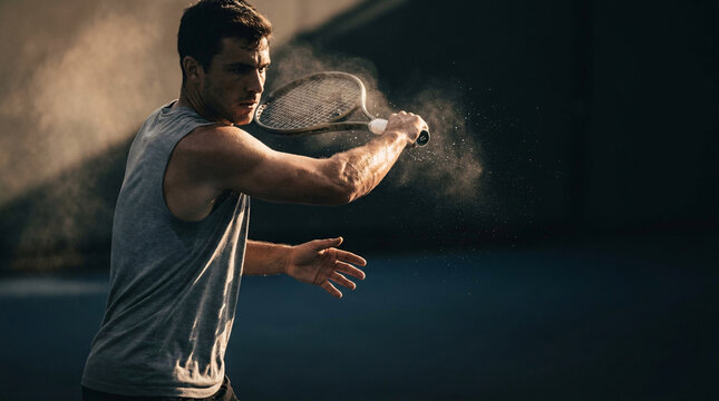 Man playing tennis, executing a powerful backhand stroke with dust flying on a blue court, athletic action, sports lifestyle