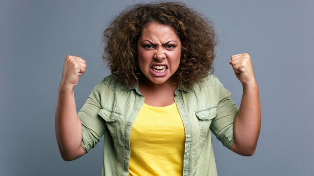 Angry young Hispanic woman with curly hair, wearing a yellow shirt and green jacket, raising her fists in frustration against a gray background.