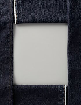 A square frame made of dark blue raw selvedge denim fabric against a plain light gray background
