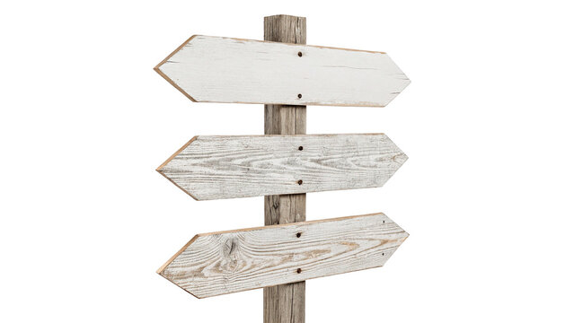 Blank vintage wooden directional signpost with multiple arrows isolated on transparent background