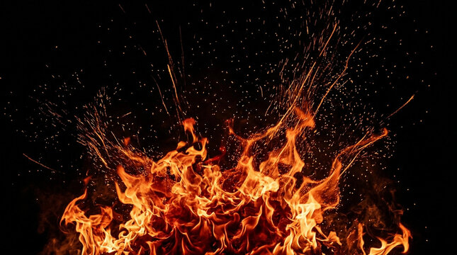 Intense fire explosion with flying sparks against black background for dramatic effect