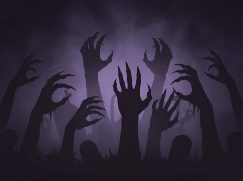 spooky halloween background of creepy shadow monster hands rising in dark purple smoky fog for mysterious horror party invitation banner poster