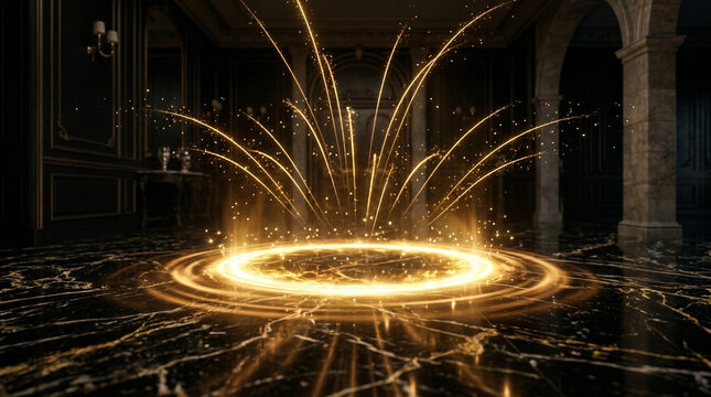 Golden magical portal with sparkling energy rings in a luxurious marble hall