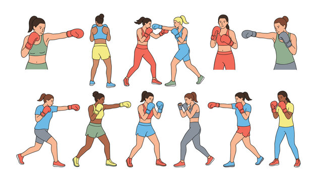Diverse women training in boxing and kickboxing punches punches fighting and sparring character collection flat cartoon vector illustration element set.