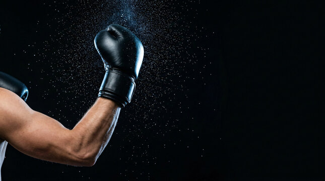Powerful boxing uppercut with black glove, sweat droplets flying, dramatic lighting on dark background, action shot for combat sports and fitness