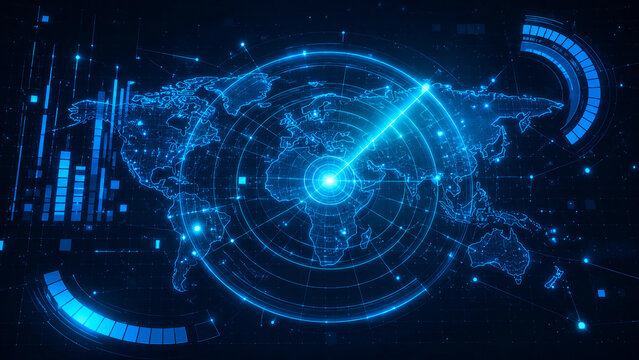 Digital world map with glowing blue radar targeting system and futuristic interface elements